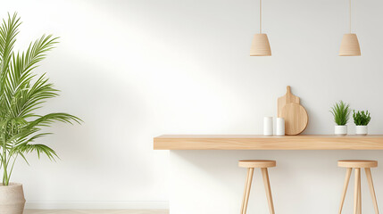 Minimalist kitchen counter with plants, sunlight, and stools; ideal for website backgrounds