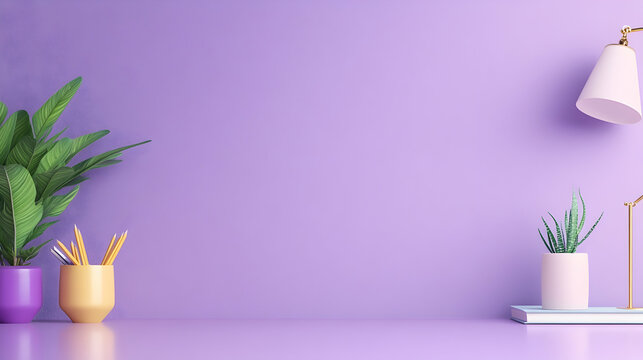 Minimalist purple workspace with plants and stationery. Perfect for website banners or blog backgrounds