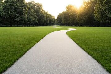 empty bike path curving through green park under vibrant afternoon sunlight with blurred trees