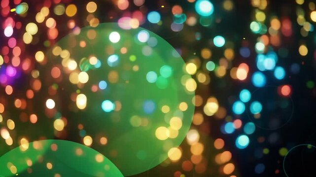 A vibrant abstract design featuring colorful glowing orbits and planetary-like circles against a dark, dreamy background, evoking a cosmic aesthetic