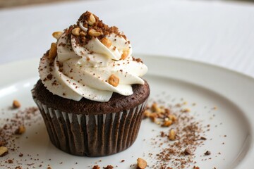 Delicate chocolate cupcake topped with a light and airy layer of whipped cream sprinkled with cocoa powder and chopped nuts, frosted cupcakes, baked goods, whipped cream toppings, sweet indulgence