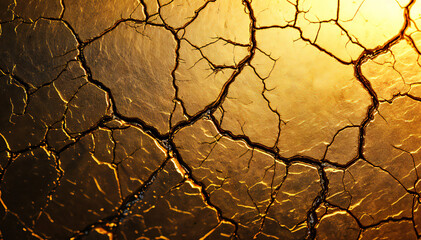 Cracked dry land background texture with golden yellow light