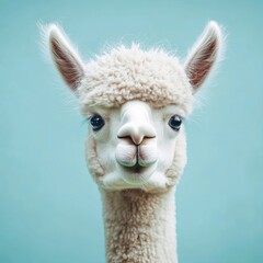 Obraz premium Playful White Alpaca Against a Vibrant Blue Backdrop