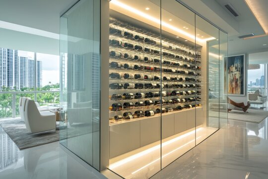 A private wine cellar inside a luxury condominium, featuring a modern design with glass walls and precision lighting