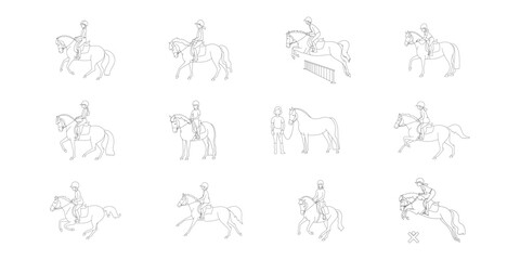 Children riding ponies illustrated in various equestrian activities such as jumping, trotting, and walking, demonstrating proper riding techniques