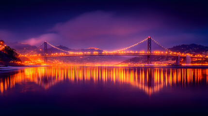Obraz premium Night cityscape illuminated suspension bridge over calm water, city lights reflected, hills in background. Perfect for travel brochures
