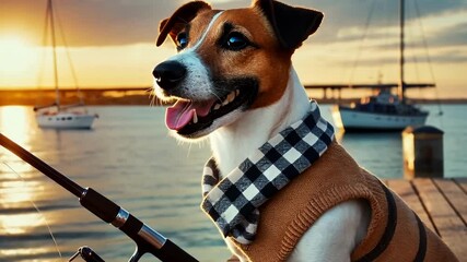 Dog with fishing rod enjoys sunset by the waterfront in a serene coastal setting - Powered by Adobe