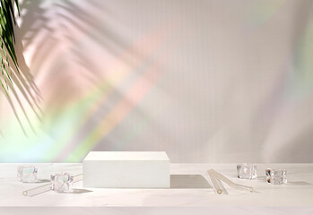 Premium empty podium with shadows of tropical palm leaves on sunny wall, minimal abstract background for cosmetics product presentation, design template, podium on pedestal,