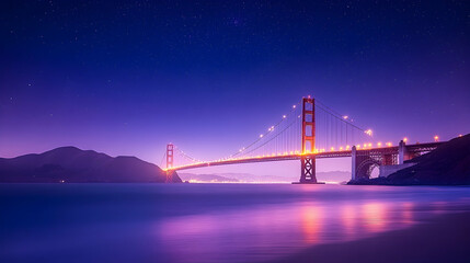 Fototapeta premium Night view of iconic bridge, illuminated, over calm bay, starlit sky; travel, tourism
