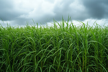 Fototapeta premium Lush green sugarcane field under a cloudy sky, showcasing tall stalks swaying in the wind.