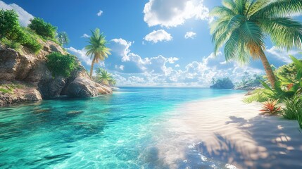 Tropical Paradise: Serene White Sand Beach with Crystal-Clear Turquoise Water and Lush Palm Trees under a Sunny Sky