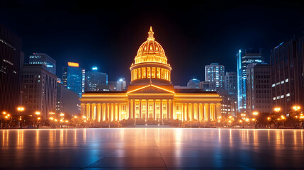Night view of illuminated capitol building, city skyline backdrop, reflective plaza, tourism/travel imagery