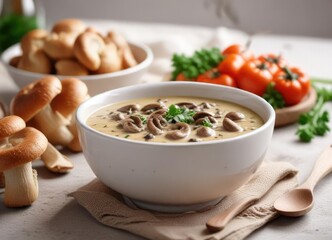 Creamy mushroom sauce in a white ceramic bowl , umami, mushroom, saucy