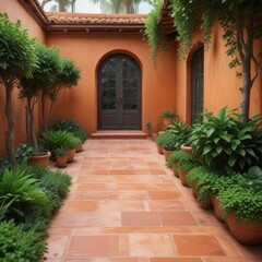 Fototapeta premium Cozy outdoor space with terracotta tiles and lush greenery, garden oasis, nature-inspired decor, blue white railings