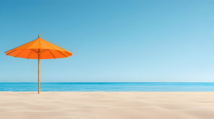 Fototapeta premium Orange beach umbrella on sandy shore, calm ocean background. Summer vacation postcard