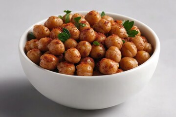 Fototapeta premium artistic close-up of white bowl filled with roasted chickpeas sprinkled with smoked paprika and fresh parsley