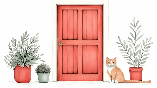 Orange cat sits by red door, potted plants flank it, white background; ideal for home, pet, or greeting card design