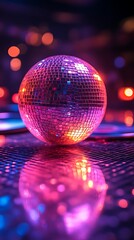 Disco ball reflecting colorful lights on a shiny surface.
