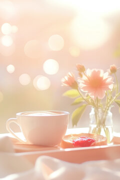 Cozy morning breakfast with cappuccino and toast with jam, bathed in soft sunlight. Warm, dreamy atmosphere with flowers and rustic details. Perfect for lifestyle, food blogs, and cafe branding.