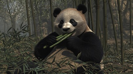 Obraz premium Panda eating bamboo in misty bamboo forest; nature scene for children's books