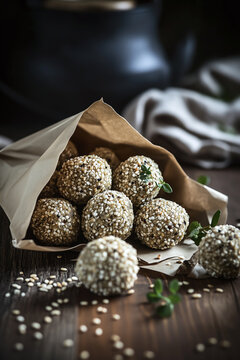 Homemade sesame energy balls with natural ingredients in a rustic paper bag. Healthy, protein-packed snack for clean eating and wellness. Perfect for food blogs, nutrition, and organic lifestyle visua