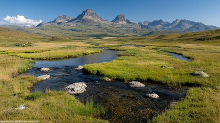 Mountain river valley landscape, clear sky, summer, nature photography, travel poster
