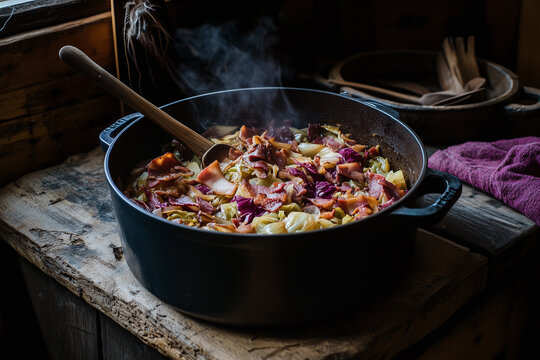 Dutch oven with cabbage, organic apples, bacon, and onions into aromatic dish. Dark natural wood moody kitchen atmosphere