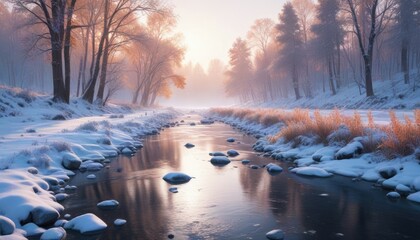 Frosty morning scene with a frozen river and trees covered in snow, serene waters, peaceful woods, frosty morning