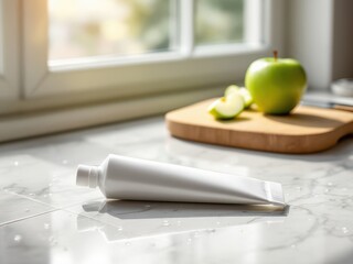 Minimalistic toothpaste tube with green apple on a sunlit marble countertop