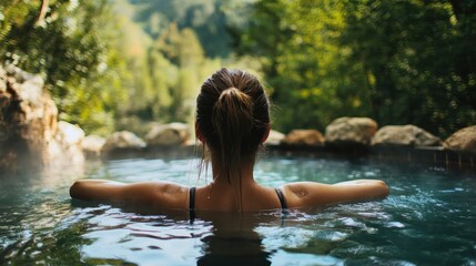 Fototapeta premium Relaxing in a hot spring serene forest relaxation outdoor back view nature therapy