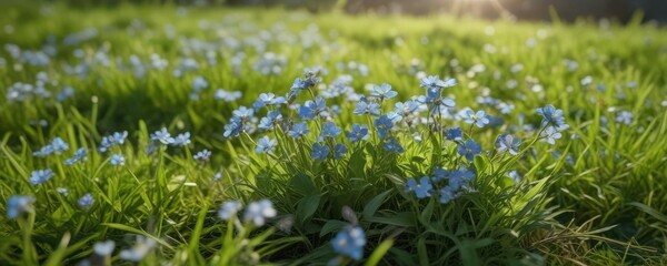 Fototapeta premium Forget me not flowers blooming in a sunny spot on a green grassy field, sunny spot, wildflowers
