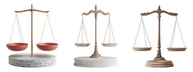 Three distinct balance scales on a transparent background, showcasing various materials and designs