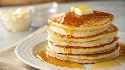Fluffy stack of golden pancakes with a generous helping of melted butter on top, melting, golden