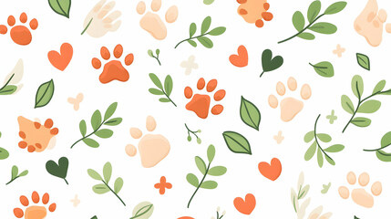 Pet paw prints, leaves, hearts pattern; nature-themed design for pet-related products or websites