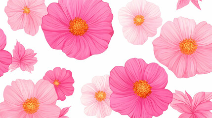 Pink cosmos flowers falling on white background, floral pattern design for spring
