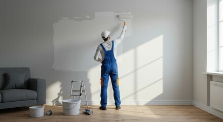 Male painting a wall in sunlit room wearing blue overalls and white cap