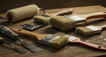 Assorted paintbrushes and rollers on wooden surface for artistic painting projects
