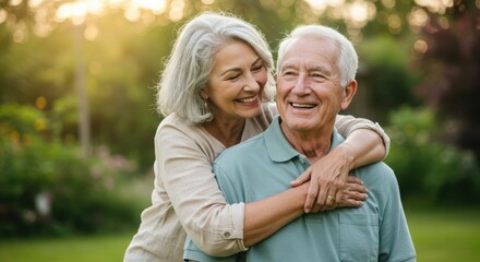 Fototapeta premium Happy elderly caucasian couple embracing outdoors in sunlit garden