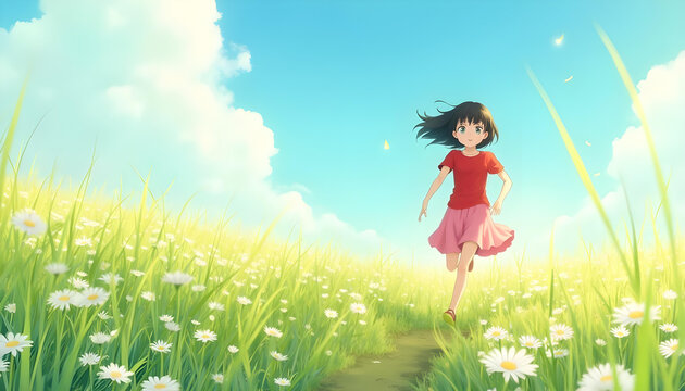 Pradera de flores en primavera y ni&ntilde;a corriendo por el prado