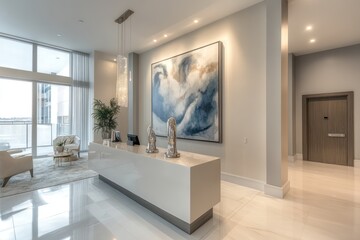 Fototapeta premium A stylish modern condo lobby with an elegant reception desk, large statement artwork, and luxurious finishes
