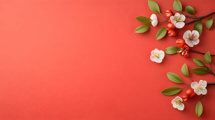 Red background with blossoming branches, spring floral arrangement, copy space, celebration card design
