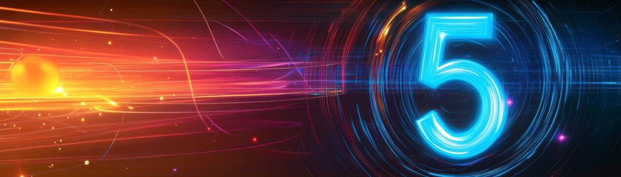 A vibrant digital depiction featuring the number five illuminated against a backdrop of dynamic light trails.
