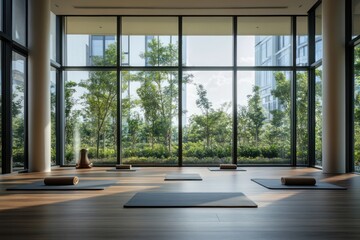 Fototapeta premium A tranquil yoga studio within a luxury condominium, with floor-to-ceiling windows framing a serene outdoor view