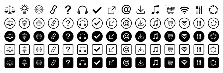 Web icon set. Target;  headphones; bulb; question; chain; note; basket; wifi; knife; fork; spoon; arrow; cycle; vector; web; mark. Vector