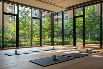 A tranquil yoga studio within a luxury condominium, with floor-to-ceiling windows framing a serene outdoor view
