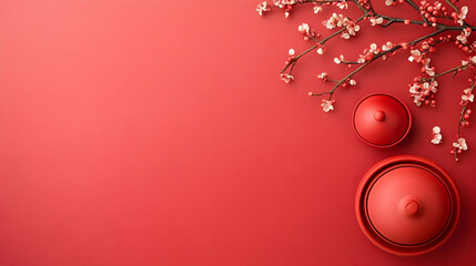 Fototapeta premium Red tea set with blooming branches on red background. Chinese New Year celebration concept