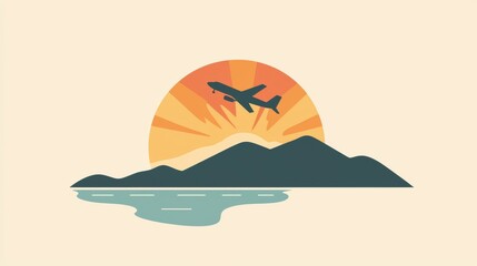 Naklejka premium Sunset over mountains with a plane flying in the sky near a tranquil shoreline