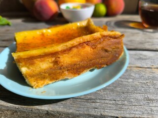 The most delicate sponge cake on a plate. High-quality photos for photography