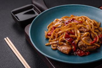 Delicious Asian food udon with noodles, chicken, hot pepper, vegetables