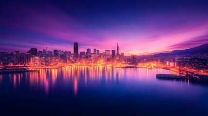 Fototapeta premium San Francisco cityscape sunrise, waterfront reflection, urban skyline, vibrant colors, travel photography